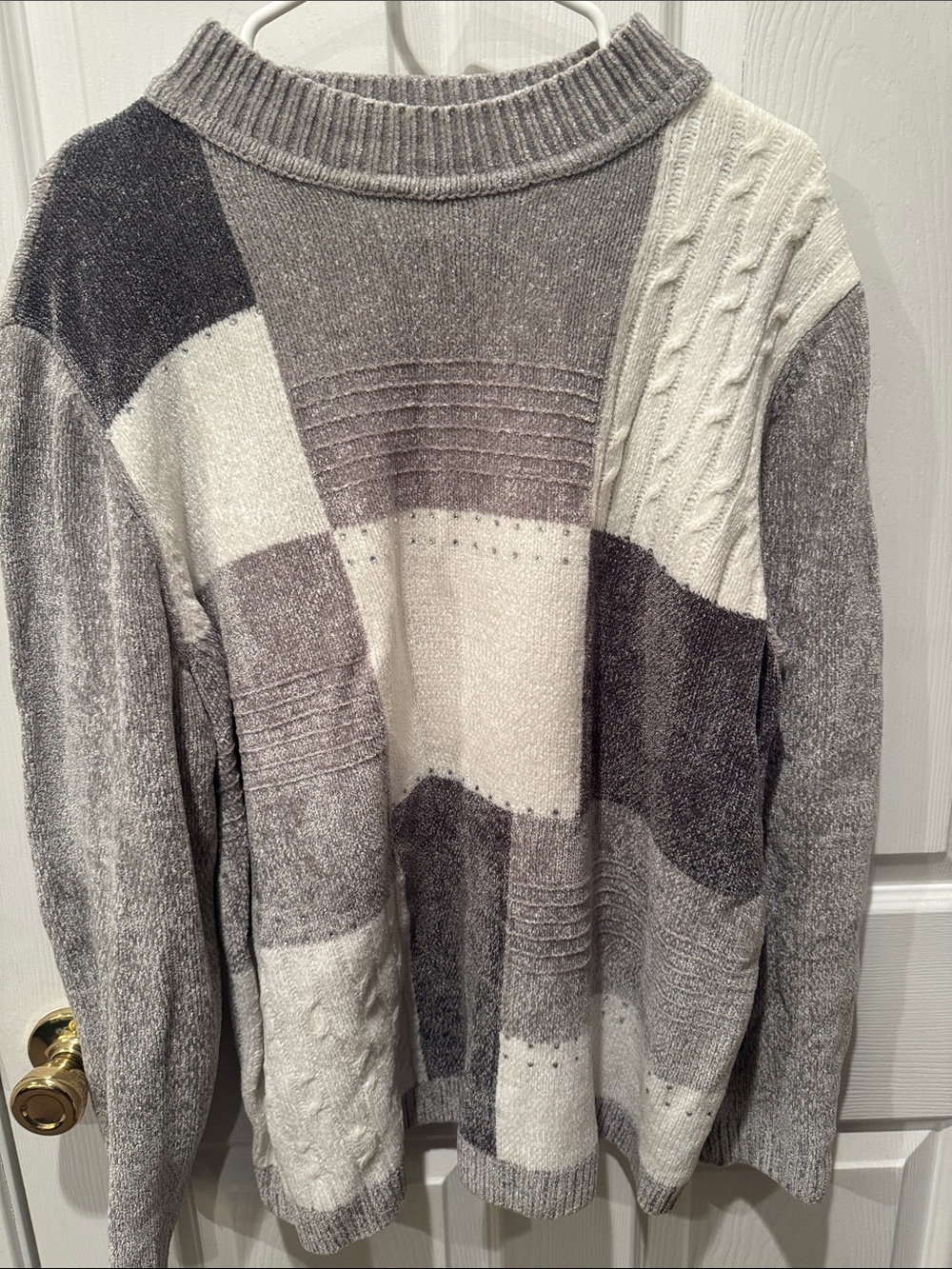 Alfred Dunner Patchwork Cable Knit Sweater - Gray & Cream